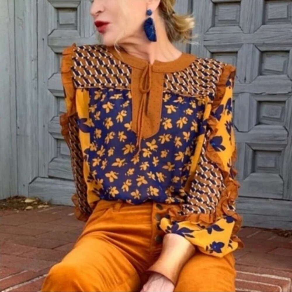 CABI  Women's Small #3953 Golden Eye Harmony Flower Riot Print Blouse